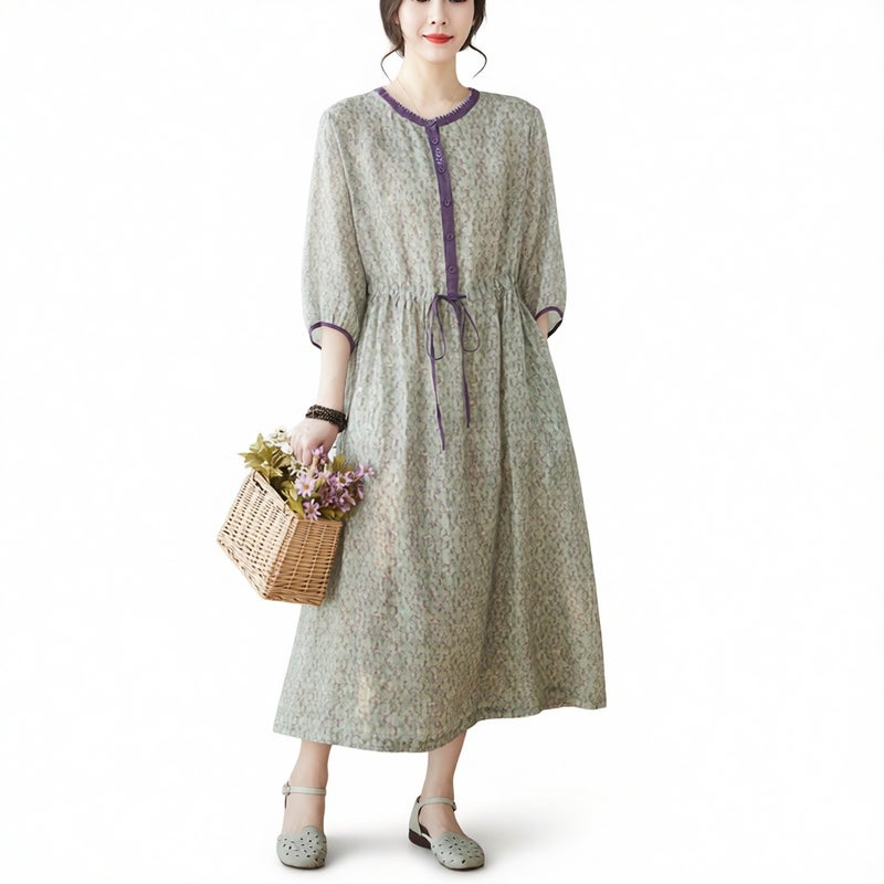 Hand Embroidered Patchwork Printed Midi Dress Loose Fit