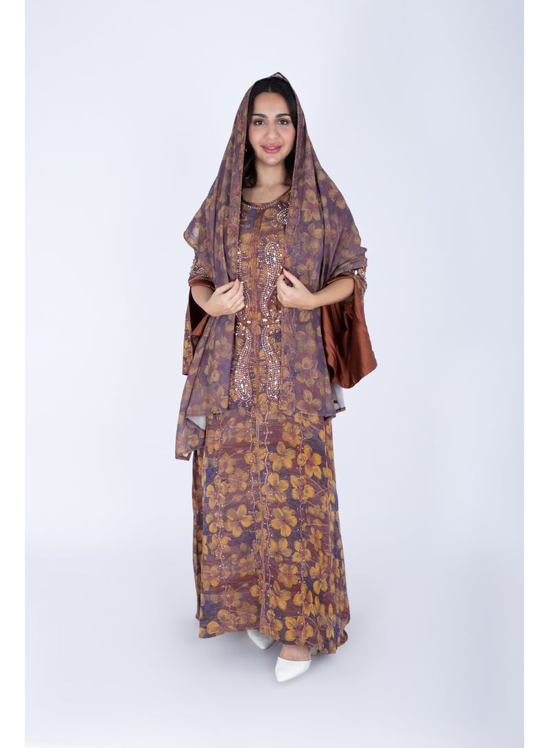 IKKXA Printed Jalabiya Crystal Patterns with Shawl - Image 1