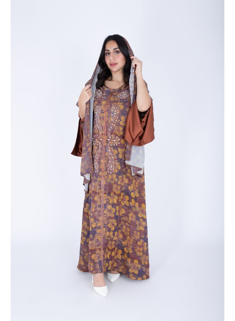 IKKXA Printed Jalabiya Crystal Patterns with Shawl - Image 5