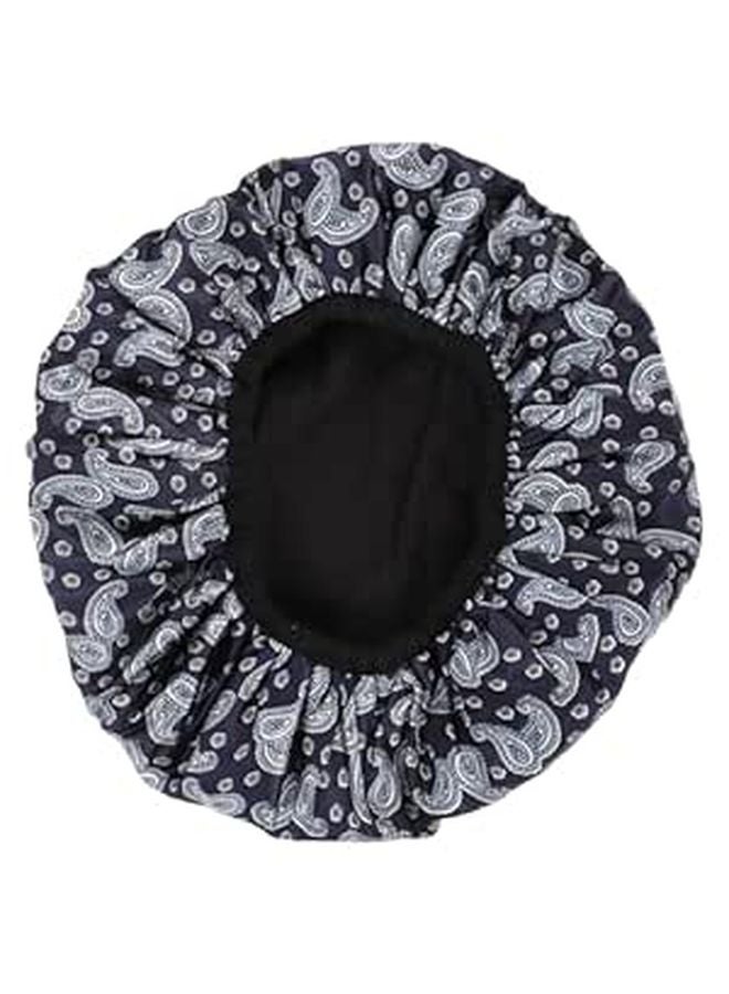 Waterproof Shower Cap With Absorbent Dry Hair Layer Blue Paisley Reusable Bath Bonnet - Image 1