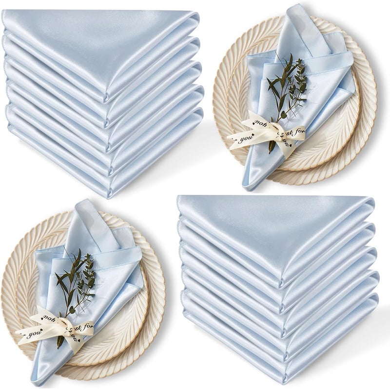 Cobedzy 12 Pack Satin Table Cloth Napkins 17x17 Inch Baby Blue Silky Wedding Napkins Cloth Washable Luxury Dining Table Cloth Napkins Set for Birthday Holiday Party Dinner Restaurant - Image 1