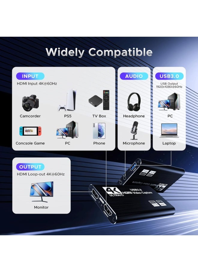 Generic USB 3.0 Video Capture Card 4K HDMI Loop-Out, 1080P 60FPS & 2K 30FPS Game Capture for PS5, Switch, PC, and Streaming  - Image 3