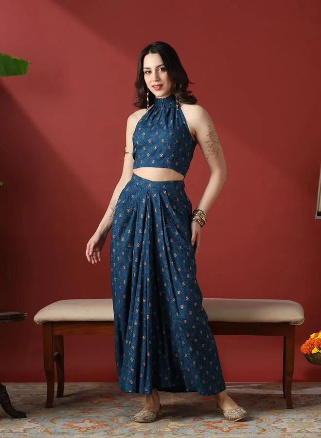 globus Women Halter Neck Crop Top and Pleated Maxi Skirt Fusion Co-Ords