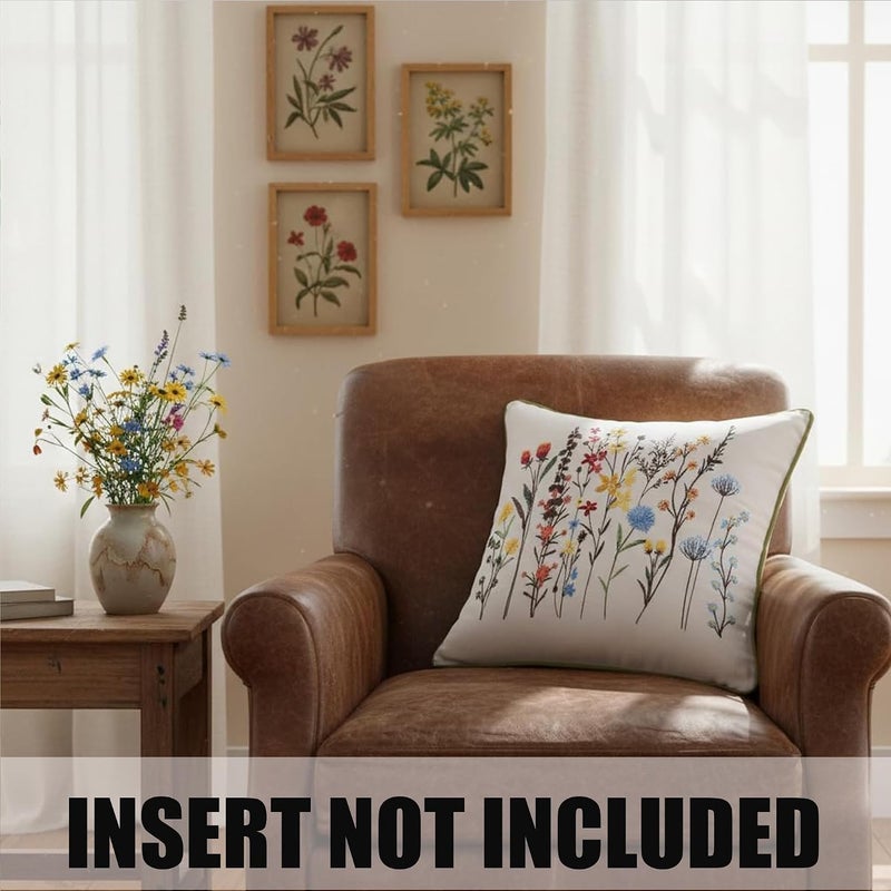 Tosleo Wildflower Pillow Covers 18 x 18 inch Pack of 2 Flowers Embroidered Decorative Pillowcases Square Throw Pillow Covers Farmhouse Pillow Cushion Cases Boho Home Decor Floral Pillow Case - Image 5