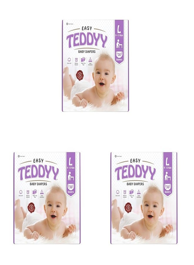 TEDDYY Easy Baby Large Size Diaper (36 Count), 9-13 kgs, Long Lasting Absorption, Anti - Rash (Pack of 3)