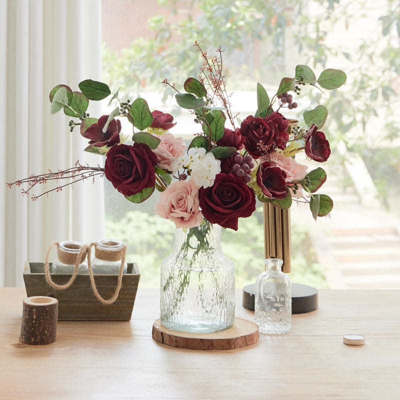 Annas Whimsy Artificial Flowers with Vase Red White Roses Silk Flowers in Vase Faux Floral Centerpieces for Table Arrangement for Weddings Homes Parties Decorations Red