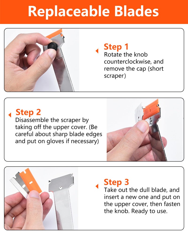 Burbifro Razor Blade Scraper, Long Handle Scraper Tool with 10 Plastic and 10 Metal Blades - Ideal for Removing Labels, Stickers, Appliance Grease, and More from Windshields, Tint, and Glass (Orange) - Image 4