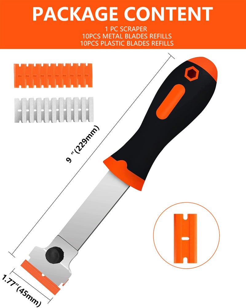 Burbifro Razor Blade Scraper, Long Handle Scraper Tool with 10 Plastic and 10 Metal Blades - Ideal for Removing Labels, Stickers, Appliance Grease, and More from Windshields, Tint, and Glass (Orange) - Image 3