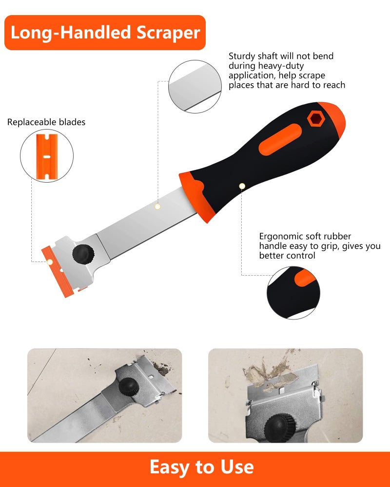 Burbifro Razor Blade Scraper, Long Handle Scraper Tool with 10 Plastic and 10 Metal Blades - Ideal for Removing Labels, Stickers, Appliance Grease, and More from Windshields, Tint, and Glass (Orange) - Image 2