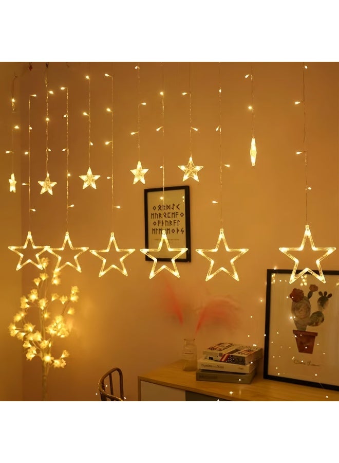 Star String Lights, 3.5M 138 LED Window Curtain Lights, Battery or USB Powered 12 Drops Hanging Decorative Lights for Ramadan Indoor Outdoor Decor, Warm White - Image 5
