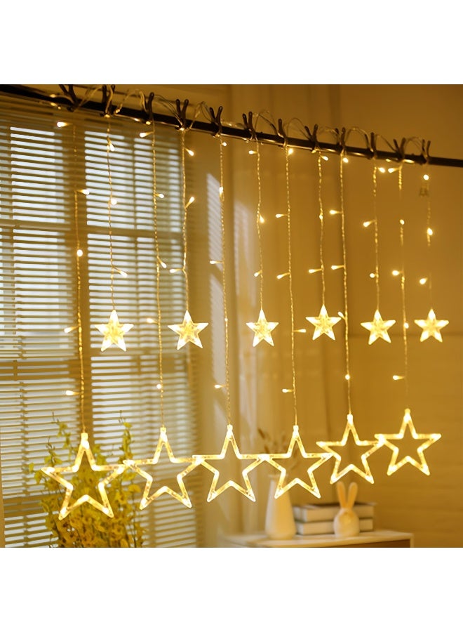 Star String Lights, 3.5M 138 LED Window Curtain Lights, Battery or USB Powered 12 Drops Hanging Decorative Lights for Ramadan Indoor Outdoor Decor, Warm White - Image 1