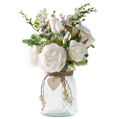 Flojery 2 Packs Faux Flowers in vase,Fake Flowers with Vase, Artificial Silk Roses in Vase, Artificial Flowers in Vase, Faux Flower Arrangement with Vase for Farmhouse (White with vase) - Image 4