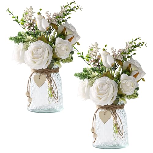 Flojery 2 Packs Faux Flowers in vase,Fake Flowers with Vase, Artificial Silk Roses in Vase, Artificial Flowers in Vase, Faux Flower Arrangement with Vase for Farmhouse (White with vase) - Image 1