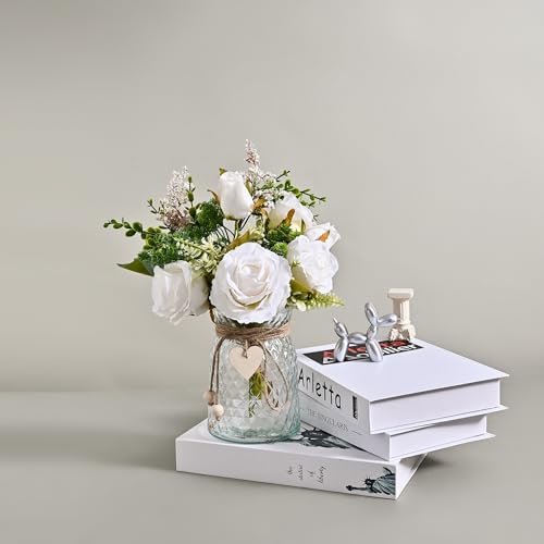 Flojery 2 Packs Faux Flowers in vase,Fake Flowers with Vase, Artificial Silk Roses in Vase, Artificial Flowers in Vase, Faux Flower Arrangement with Vase for Farmhouse (White with vase) - Image 3