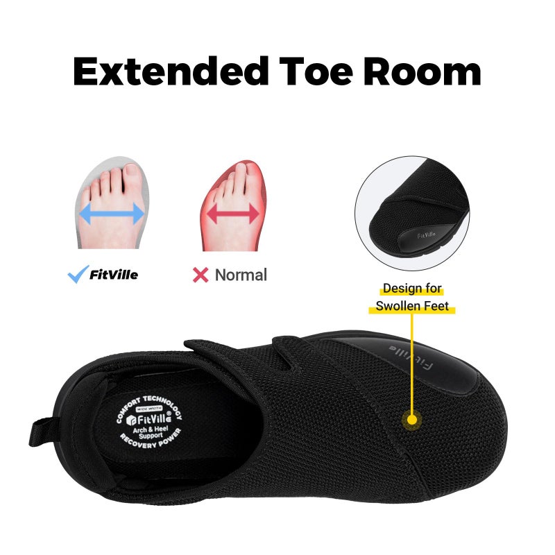 FitVille Diabetic Shoes for Men Extra Wide Width Orthopedic Slip-on Shoes Adjustable Closure Walking Sneakers with Arch Support Cushioning Therapeutic for Swollen Feet (12 X-Wide, Black) - Image 2