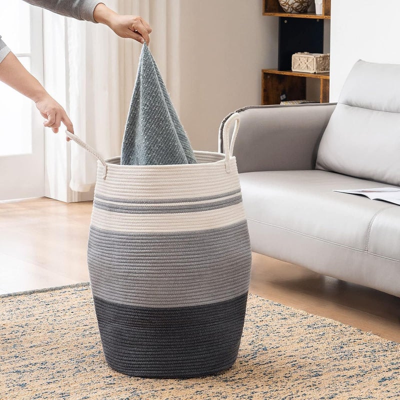 MIXEN Blanket Basket Laundry Hamper Large Cotton Rope Basket Decorative Storage Basket White Woven Toy Bin Collapsible Laundry Holder for Towel Clothes greyWhite - Image 2