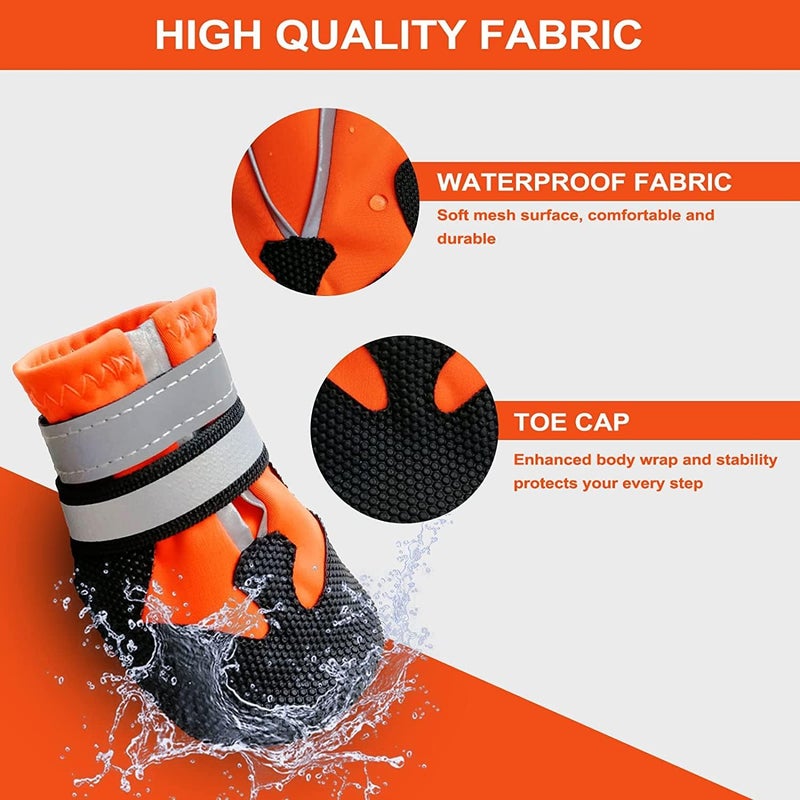 Luckam أحذية واقية غير قابلة للانزلاق، مقاومة للماء لوسائد مصابة، مجموعة من 4 أحذية مقاومة للاهتراء مع أحزمة عاكسة، للكلاب الصغيرة والمتوسطة والكبيرة في الهواء الطلق (م، برتقالي) - Image 4