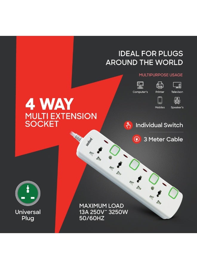 سانفورد مقبس تمديد عالمي Sanford SF2302ES رباعي الاتجاهات، كابل بطول 3 أمتار، مفتاح فردي، تيار مقنن أقصى 13 أمبير، قابس منصهر قياسي (BS 1363)، مدخل قابس عالمي، هيكل مقاوم للحريق، مصراع أمان للأطفال، مؤشر طاقة، مثالي للمقابس العالمية - Image 3