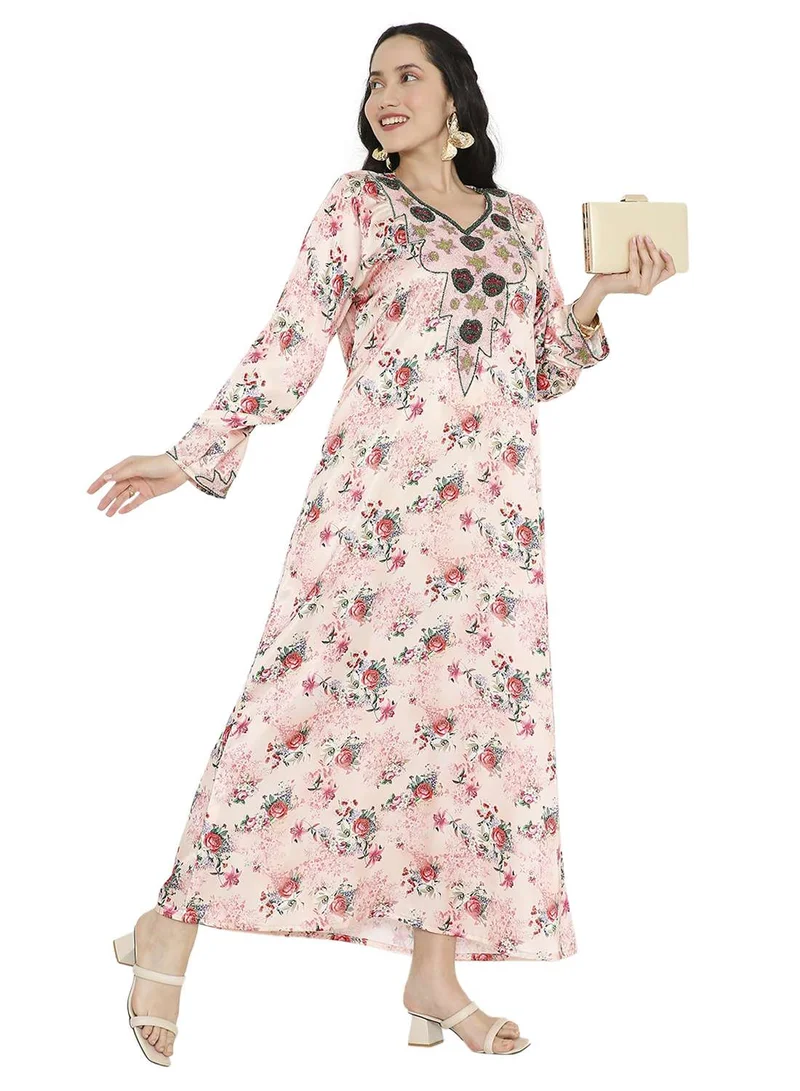 HANA & SARA LONG FLORAL PRINTED MODEST UNIQUE BEADED ARABIC KAFTAN FARASHA JALABIYA DRESSES