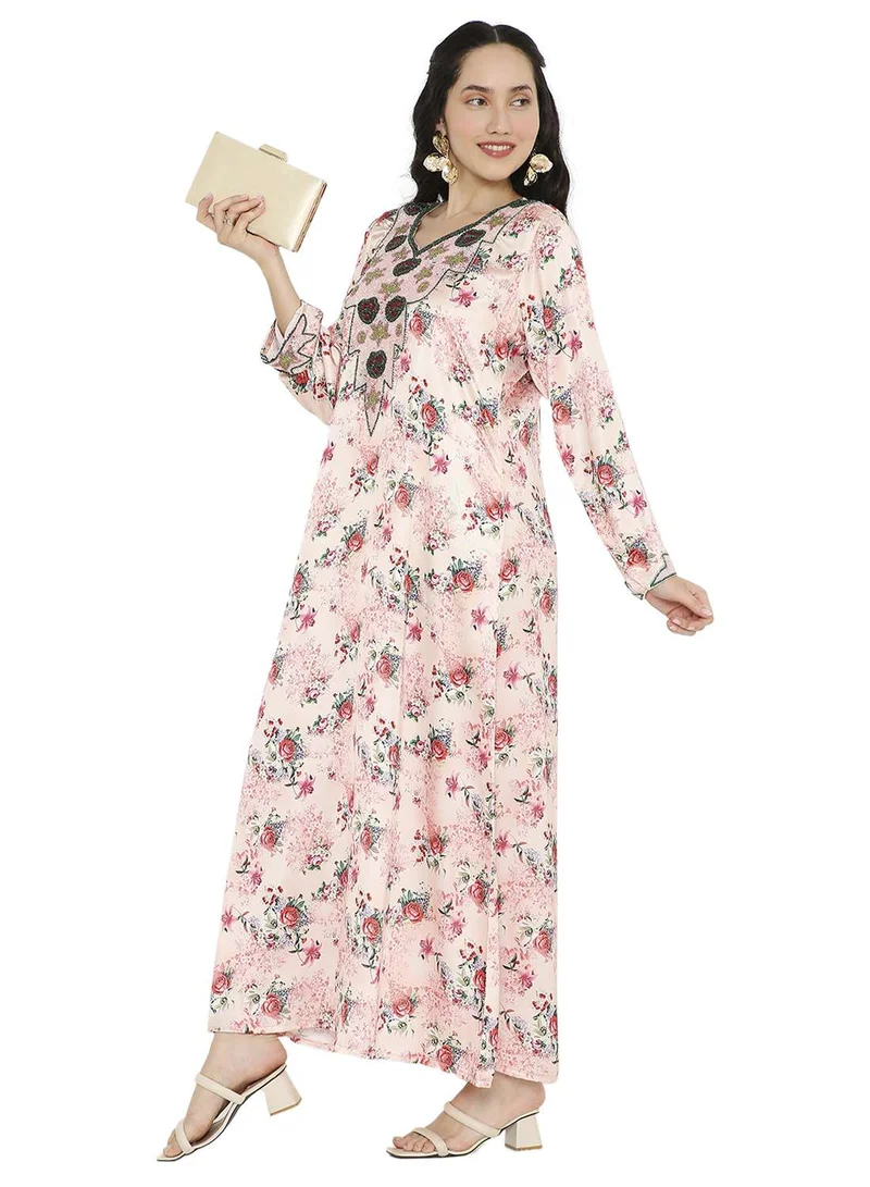 HANA & SARA LONG FLORAL PRINTED MODEST UNIQUE BEADED ARABIC KAFTAN FARASHA JALABIYA DRESSES