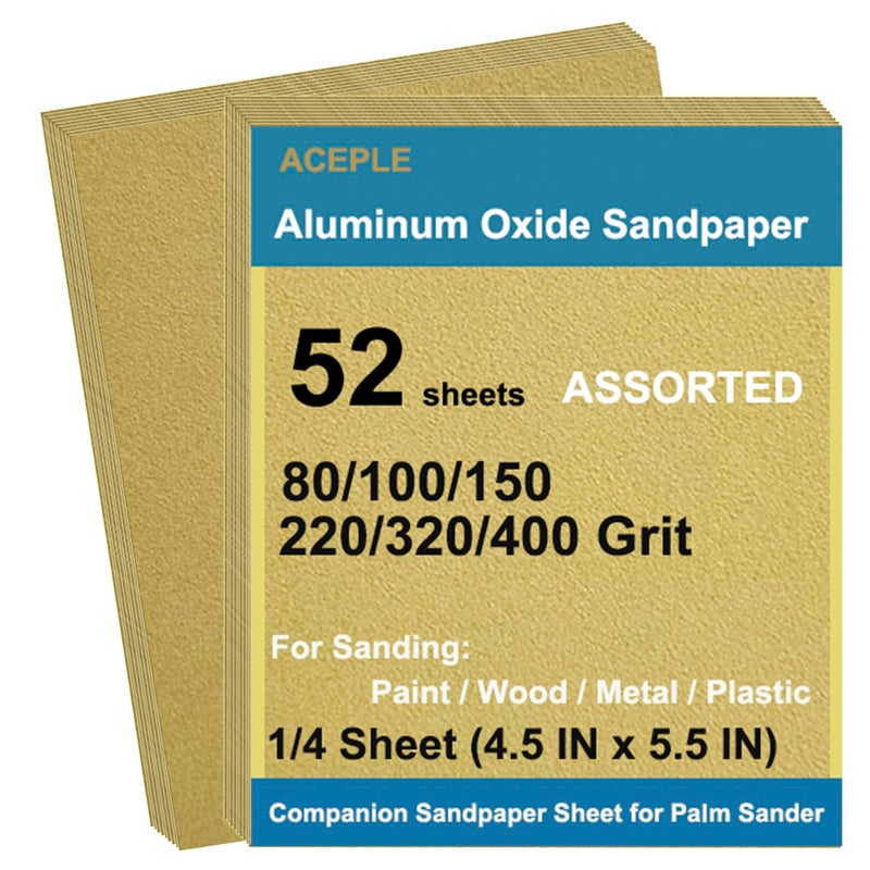 Aceple 52Pcs Aluminum Oxide Sandpaper Variety Pack, 1/4 Sheet Sand Paper Assorted for Block Sander Wood Metal Wet Dry Sanding 80/100/150/220/320/400 Grits (4.5 x 5.5 Inch) - Image 1