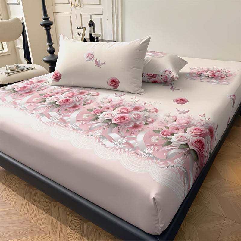 A Light Pink Rose Bouquet Printed Full Fitted Sheet Pale Pinkish Gray Soft Comfortable Snug Fit and Easy Care Machine Washable for Bedroom Hotel School Dormitory Double Bed Single Bed - Image 3
