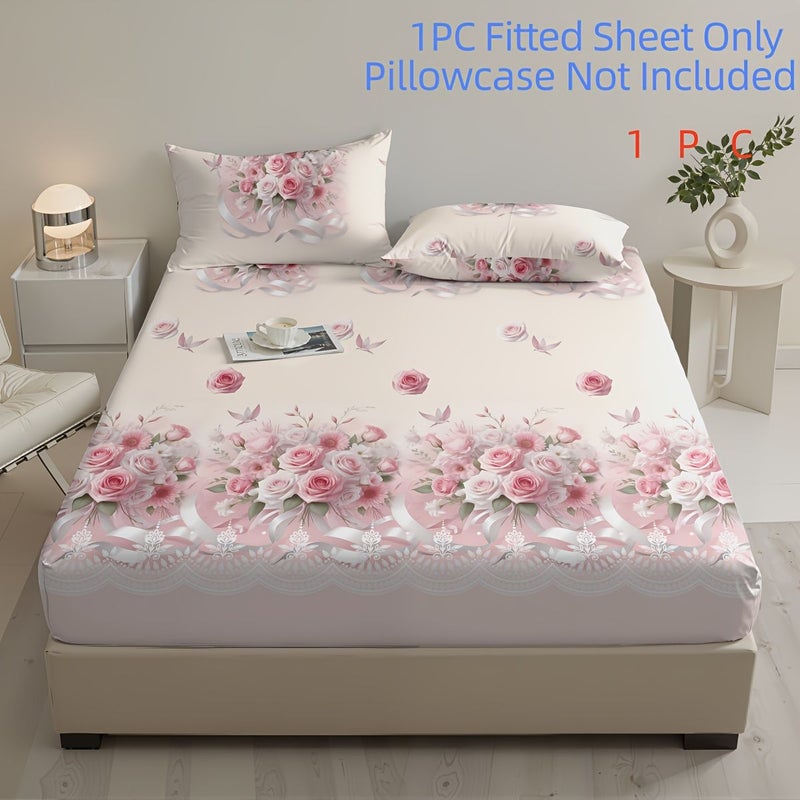 A Light Pink Rose Bouquet Printed Full Fitted Sheet Pale Pinkish Gray Soft Comfortable Snug Fit and Easy Care Machine Washable for Bedroom Hotel School Dormitory Double Bed Single Bed - Image 1