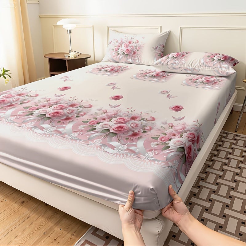 A Light Pink Rose Bouquet Printed Full Fitted Sheet Pale Pinkish Gray Soft Comfortable Snug Fit and Easy Care Machine Washable for Bedroom Hotel School Dormitory Double Bed Single Bed - Image 2