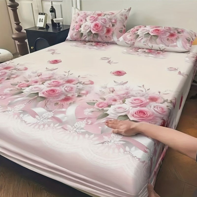 A Light Pink Rose Bouquet Printed Full Fitted Sheet Pale Pinkish Gray Soft Comfortable Snug Fit and Easy Care Machine Washable for Bedroom Hotel School Dormitory Double Bed Single Bed - Image 5