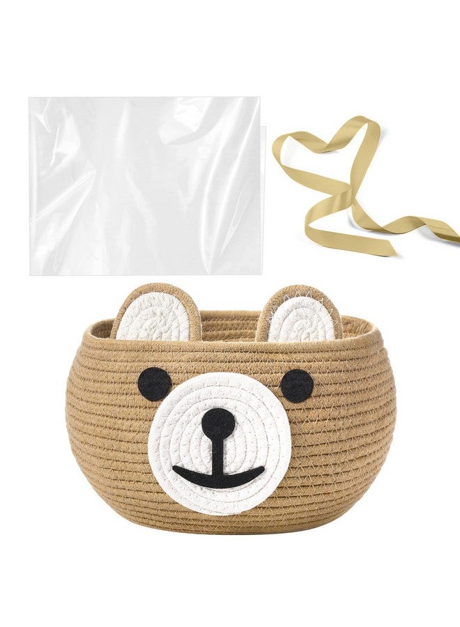 Zopeal سلة زوبيل للأطفال لغرفة الأطفال مع أكياس هدايا وأشرطة سلة هدايا مصنوعة من حبل القطن المنسوج على شكل دب مع مقابض لتخزين وتنظيم الزينة في غرفة المعيشة أو الحمام، 10.5" قطر x 8.5" ارتفاع (كاكي) - Image 1