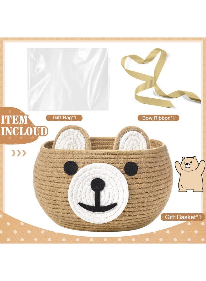 Zopeal سلة زوبيل للأطفال لغرفة الأطفال مع أكياس هدايا وأشرطة سلة هدايا مصنوعة من حبل القطن المنسوج على شكل دب مع مقابض لتخزين وتنظيم الزينة في غرفة المعيشة أو الحمام، 10.5" قطر x 8.5" ارتفاع (كاكي) - Image 2