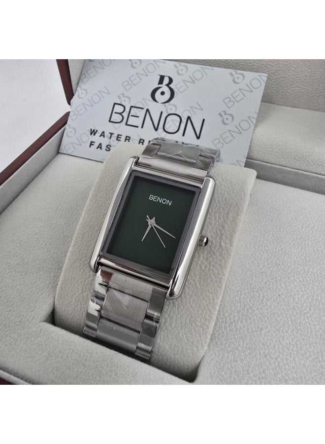 Men's steel wristwatch, Cartier style, water-resistant, modern and high quality, silver strap with a green dial