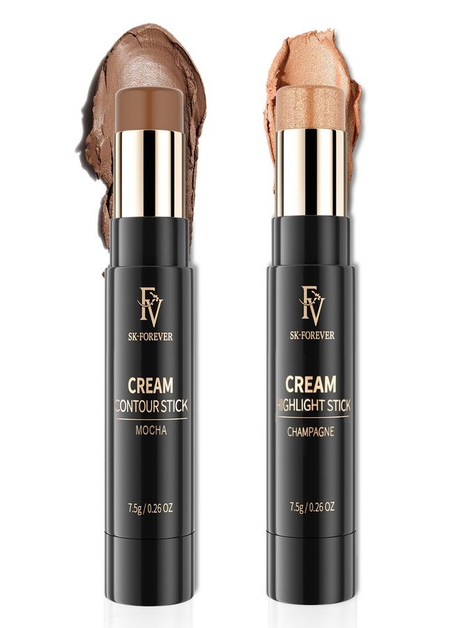FV 2PCS Contour and Highlighter Stick, Highly Pigmented & Blendable, Long Lasting & Creamy Texture, Waterproof, Natural Finish Contour Set for Face Sculpting, Travel-Friendly (02 Mocha & 03 Champagne) - Image 1