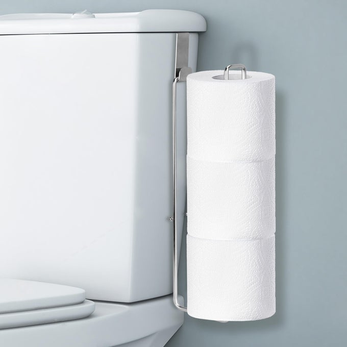 BATHROOM TOILET PAPER HOLDER WITH STORAGE EXTRA 3 ROLLS OVER THE TANK TOILET PAPER HOLDER WALL MOUNT SMALL RESTROOM ORGANIZER ADHESIVE RV TISSUE STORAGE STAINLESS STEEL SILVER 1PC