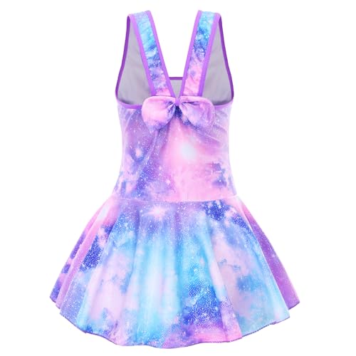 Akokvlar Girl One Piece Swimsuit with Skirt Bathing Suit Swimwear 3-16Y (8-9 Years, Purple Galaxy Mermaid) - Image 3
