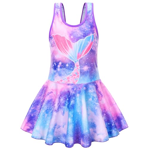 Akokvlar Girl One Piece Swimsuit with Skirt Bathing Suit Swimwear 3-16Y (8-9 Years, Purple Galaxy Mermaid) - Image 1