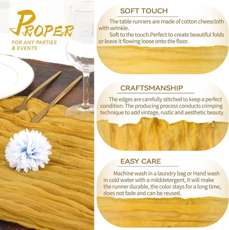MAKINGTEC Cheesecloth Table Runner 35 x 118 Inch Gauze Tablecloth Boho Wedding Decor 10 Ft Rustic Wedding Decorations Vintage Table Centerpieces for Reception Bridal Shower Birthday (1 Pack Mustard Yellow) - Image 5