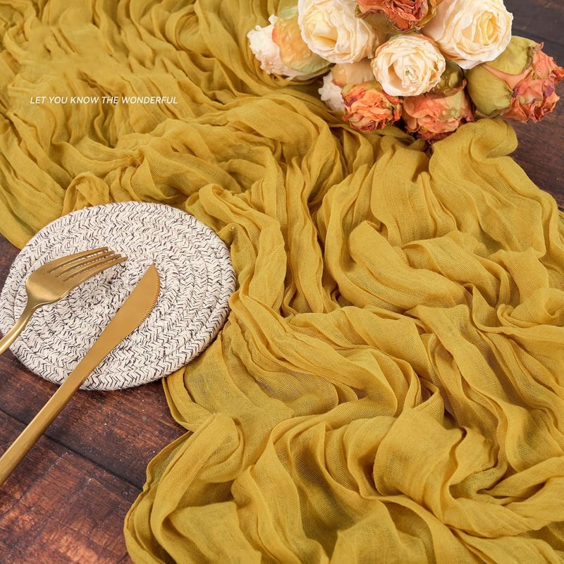 MAKINGTEC Cheesecloth Table Runner 35 x 118 Inch Gauze Tablecloth Boho Wedding Decor 10 Ft Rustic Wedding Decorations Vintage Table Centerpieces for Reception Bridal Shower Birthday (1 Pack Mustard Yellow) - Image 4