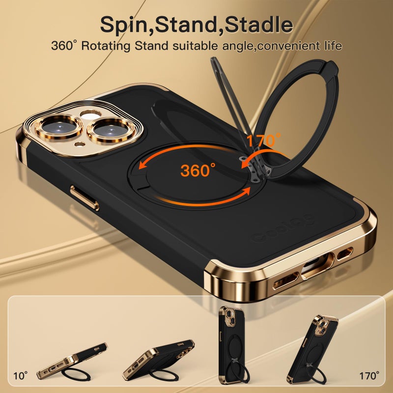 COOLQO for iPhone 13 Case 6.1'' Upgraded 360Â° Spin Magnetic Stand [Compatible with Magsafe][Military Protection] Plating Matte Scratch-Resistant Back Protective Shockproof Phone Case, Black Gold - Image 3