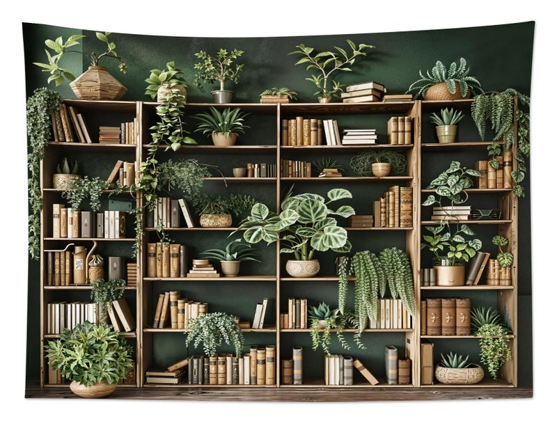 HVEST Green Plant Bookshelf Tapestry Book on Bookshelf and Plant Potted Tapestry Wall Hanging Reading Wall Art Decor for Study Room Bedroom Living Room College Dorm, 40L x 60W Inches - Image 5