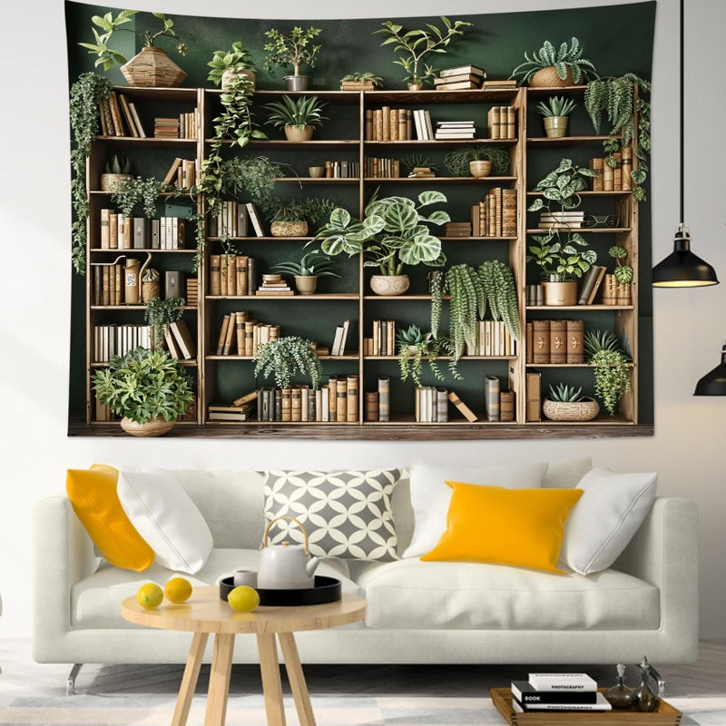 HVEST Green Plant Bookshelf Tapestry Book on Bookshelf and Plant Potted Tapestry Wall Hanging Reading Wall Art Decor for Study Room Bedroom Living Room College Dorm, 40L x 60W Inches - Image 2