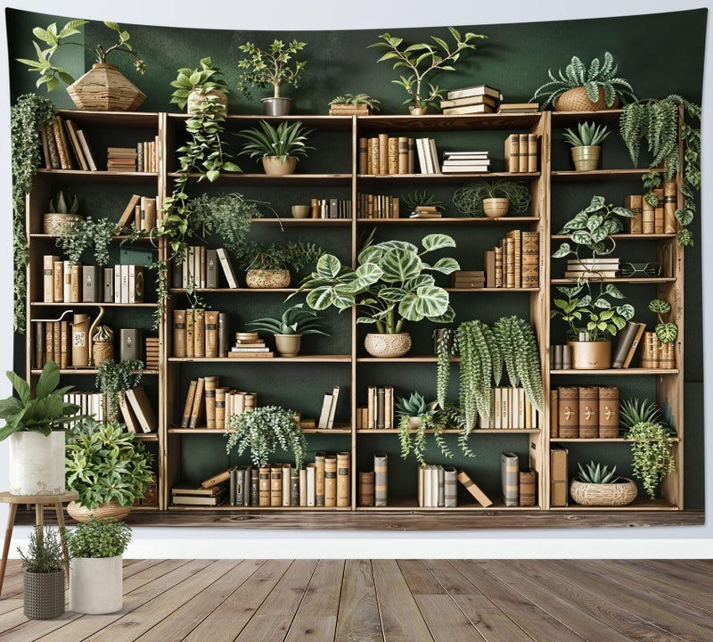 HVEST Green Plant Bookshelf Tapestry Book on Bookshelf and Plant Potted Tapestry Wall Hanging Reading Wall Art Decor for Study Room Bedroom Living Room College Dorm, 40L x 60W Inches - Image 3