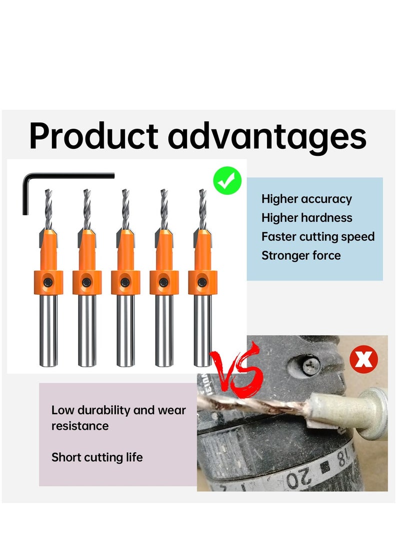 Shank Countersink Drill Bit Set, 2.8/3.0/3.2/3.5/4mm Tapered Drill Bits, Carpentry Reamer with 8mm Pilot Screw Hole for Wood High Speed Steel, Woodworking Carpentry Reamer (5 PCS Free Hex Key Wrench) - Image 3