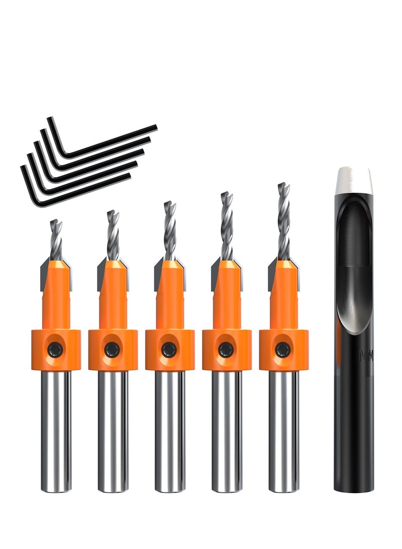 Shank Countersink Drill Bit Set, 2.8/3.0/3.2/3.5/4mm Tapered Drill Bits, Carpentry Reamer with 8mm Pilot Screw Hole for Wood High Speed Steel, Woodworking Carpentry Reamer (5 PCS Free Hex Key Wrench) - Image 1