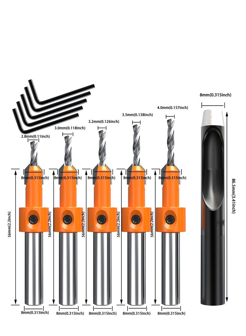 Shank Countersink Drill Bit Set, 2.8/3.0/3.2/3.5/4mm Tapered Drill Bits, Carpentry Reamer with 8mm Pilot Screw Hole for Wood High Speed Steel, Woodworking Carpentry Reamer (5 PCS Free Hex Key Wrench) - Image 2