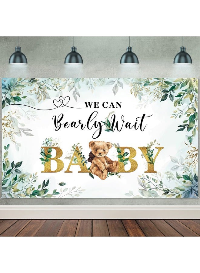 Tegeme لا يمكننا الانتظار خلفية الدب لزينة حفلة استحمام الطفل وزينة عيد الميلاد لافتة دب باللون الذهبي خلفية تصوير بأوراق خضراء - Image 1
