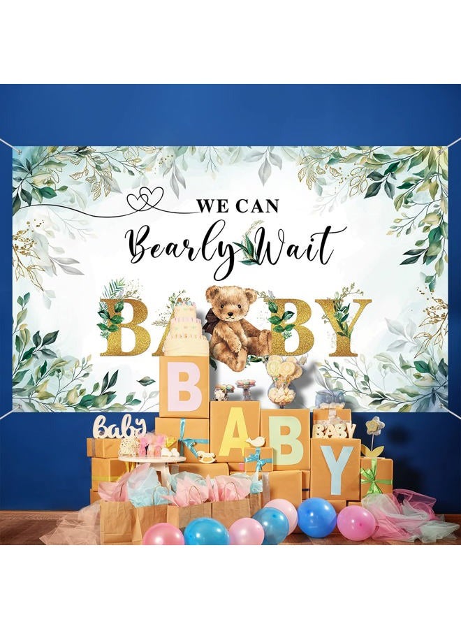 Tegeme لا يمكننا الانتظار خلفية الدب لزينة حفلة استحمام الطفل وزينة عيد الميلاد لافتة دب باللون الذهبي خلفية تصوير بأوراق خضراء - Image 4