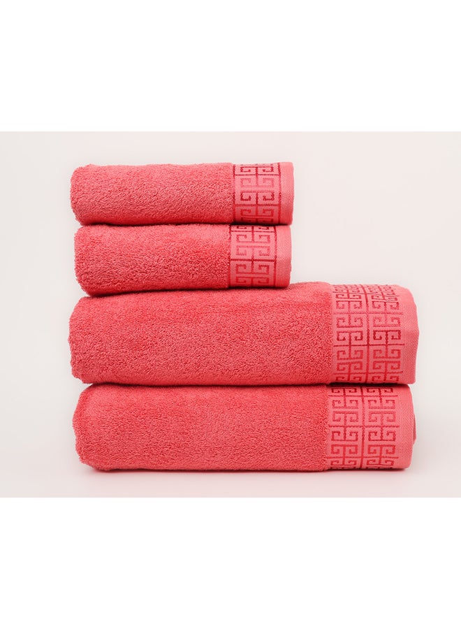 White Rose Towel 4 Piece Bathroom  Set - GREEKY - 500 GSM - 100% Cotton Terry - Jacquard Border- 2 Bath  70X140 cm & 2 Hand  50x90 cm- Luxury Touch - Extra Absorbent-Peach  - Image 2