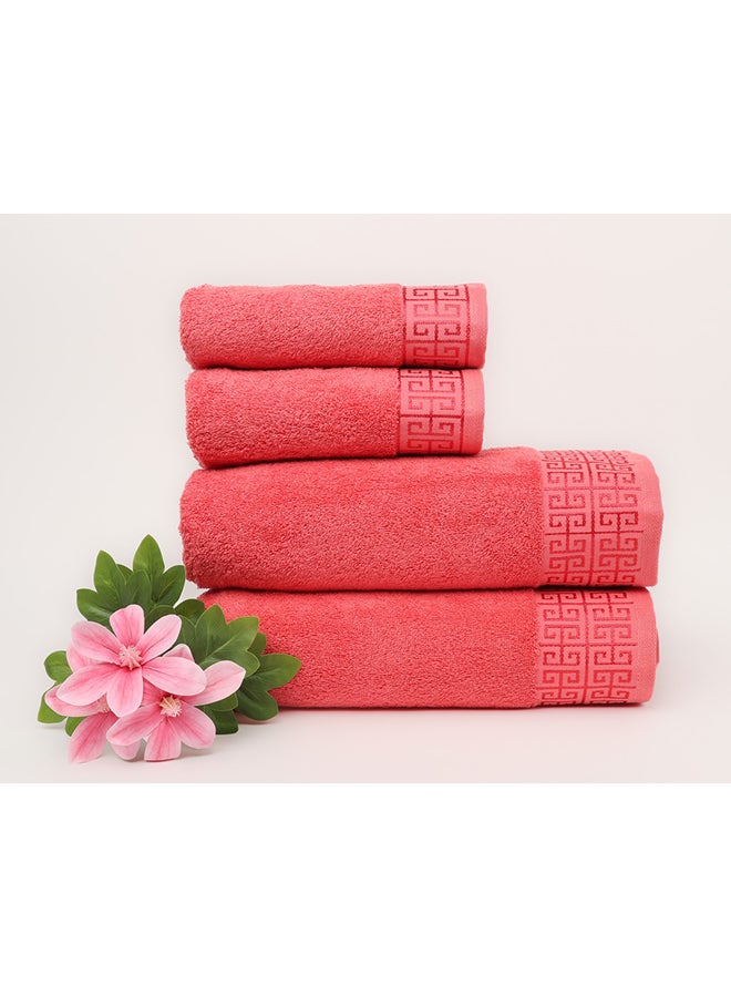 White Rose Towel 4 Piece Bathroom  Set - GREEKY - 500 GSM - 100% Cotton Terry - Jacquard Border- 2 Bath  70X140 cm & 2 Hand  50x90 cm- Luxury Touch - Extra Absorbent-Peach  - Image 1