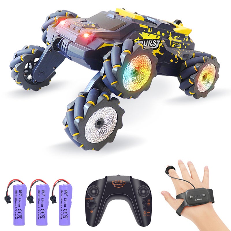 Remote Control Car, 2.4GHz Electric Race Stunt Car with Spray Lights Music Double Sided 360°Rotation 3 Batteries, 6WD Hand Controlled Gesture Off Road Vehicle for Boys Girls (Yellow) - Image 1